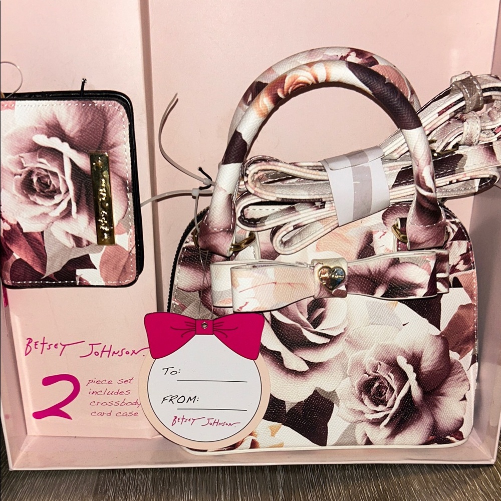 Betsey Johnson Rose Print Crossbody Bag and Card Case in Gift Box
